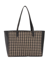PRIMROSE Classic Houndstooth Pattern Tote Bag, Black and Beige, PU Leather Trim